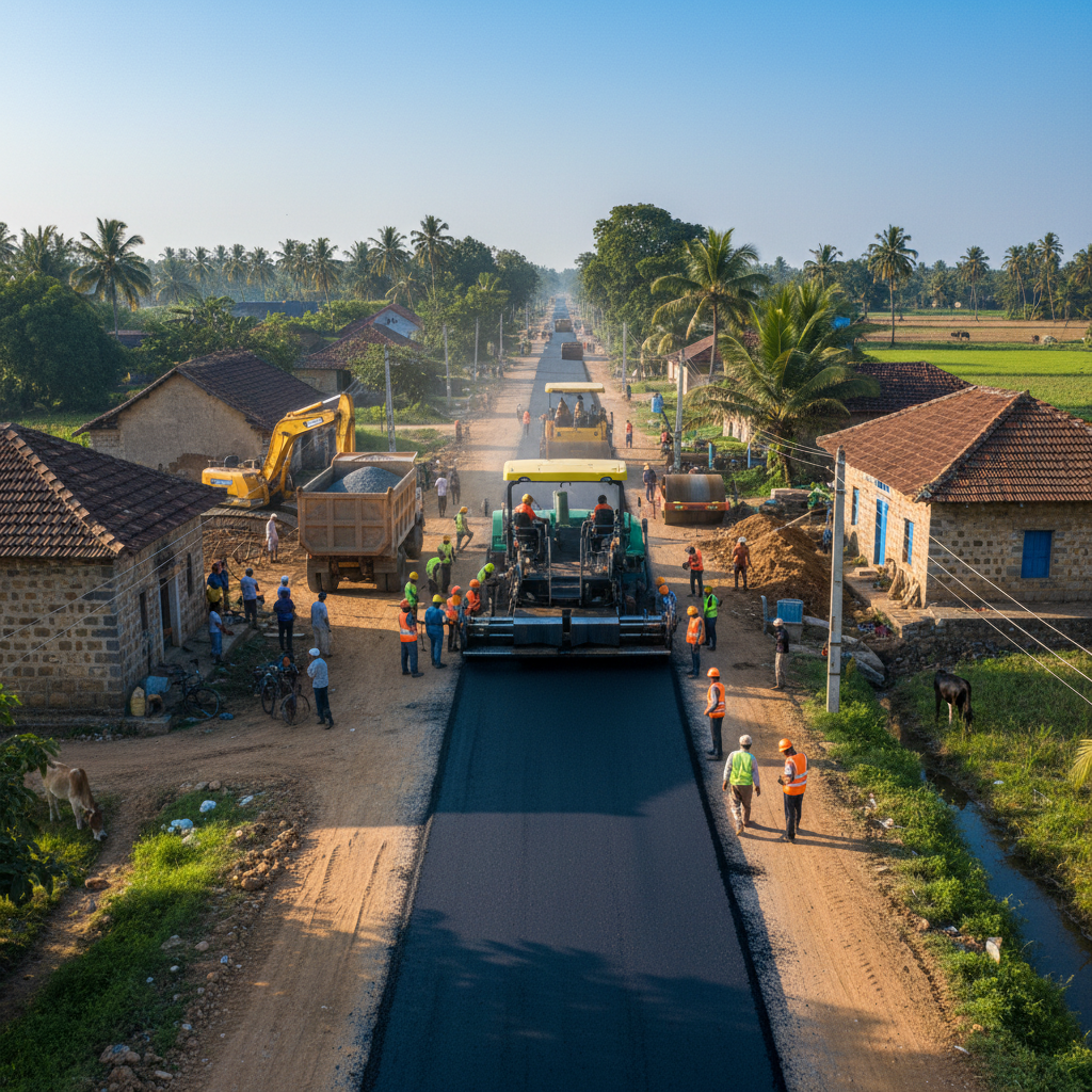 Road construction work in progress in Tadikonda village with workers laying asphalt