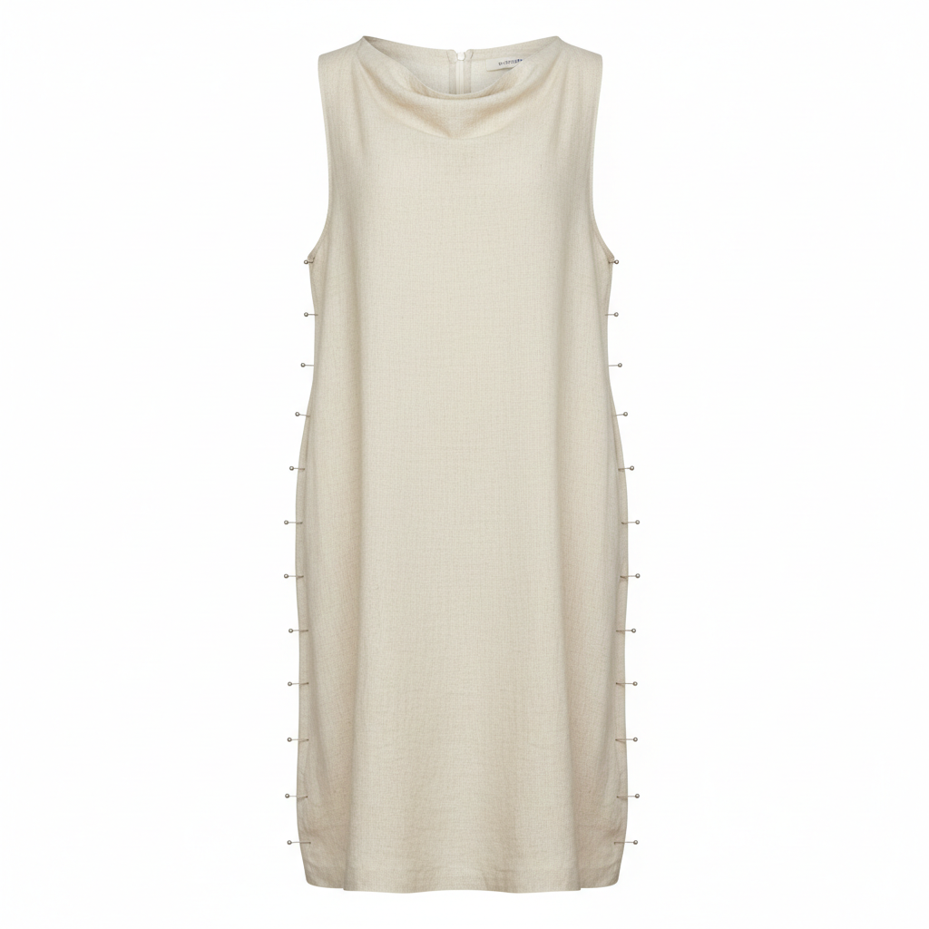 Cream linen dress with side seam alteration pins