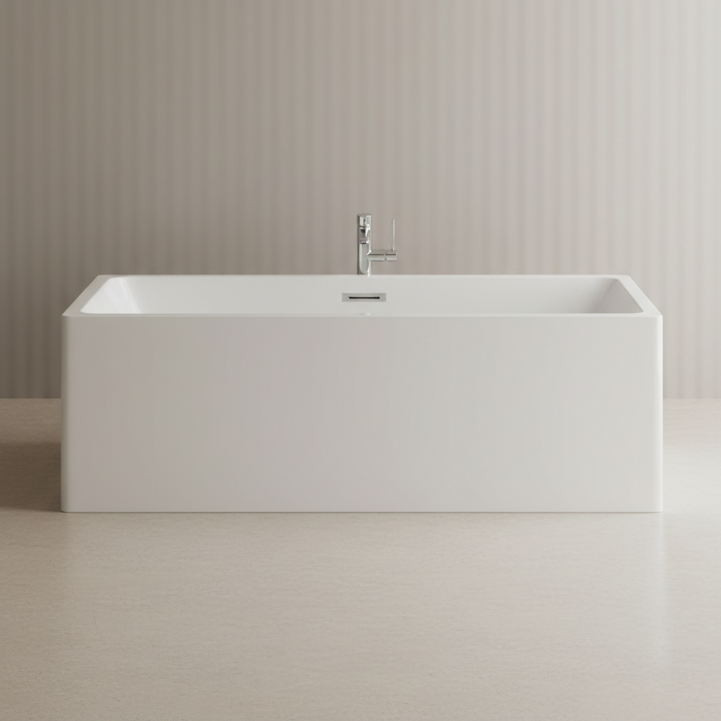 Modern white acrylic freestanding bath in a bright minimalist bathroom