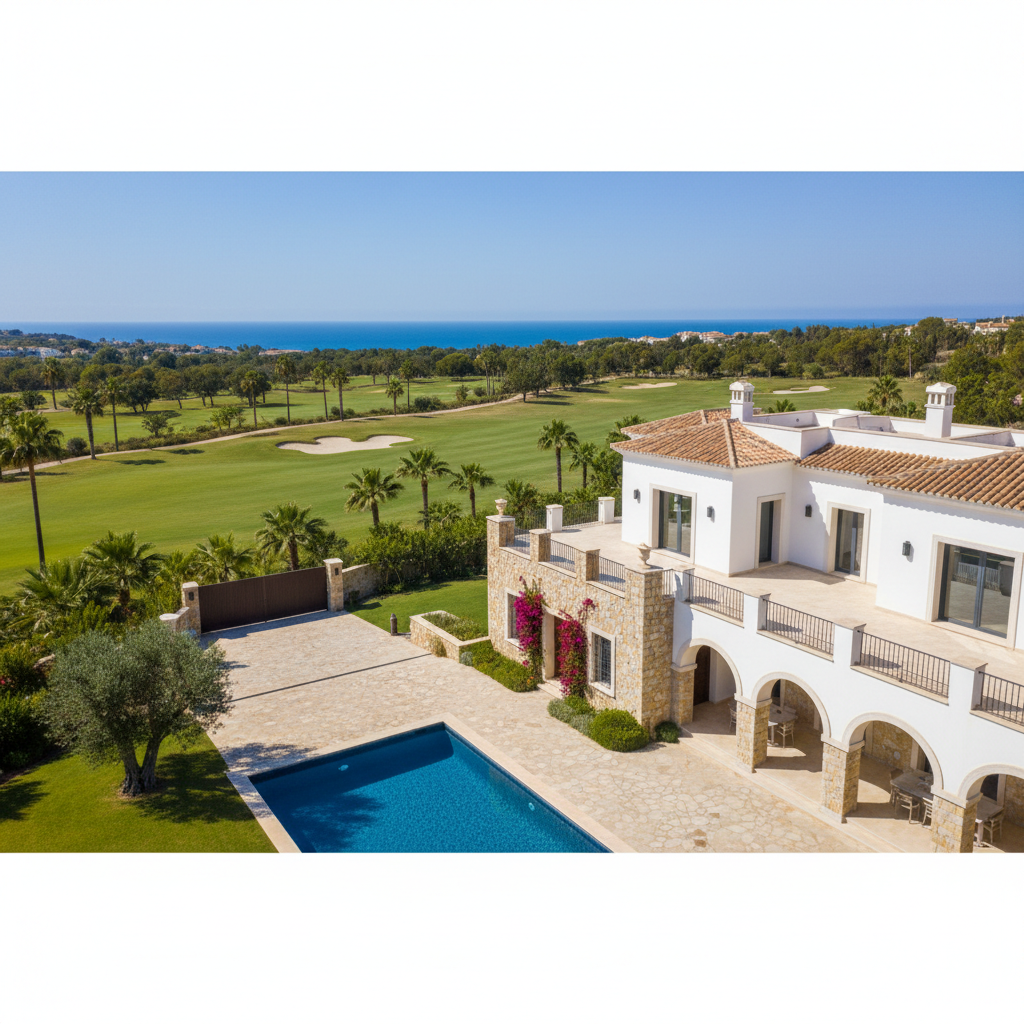 Palm Jumeirah luxury villa with private pool, bright sunny day, blue water, white architecture, airy Mediterranean lifestyle