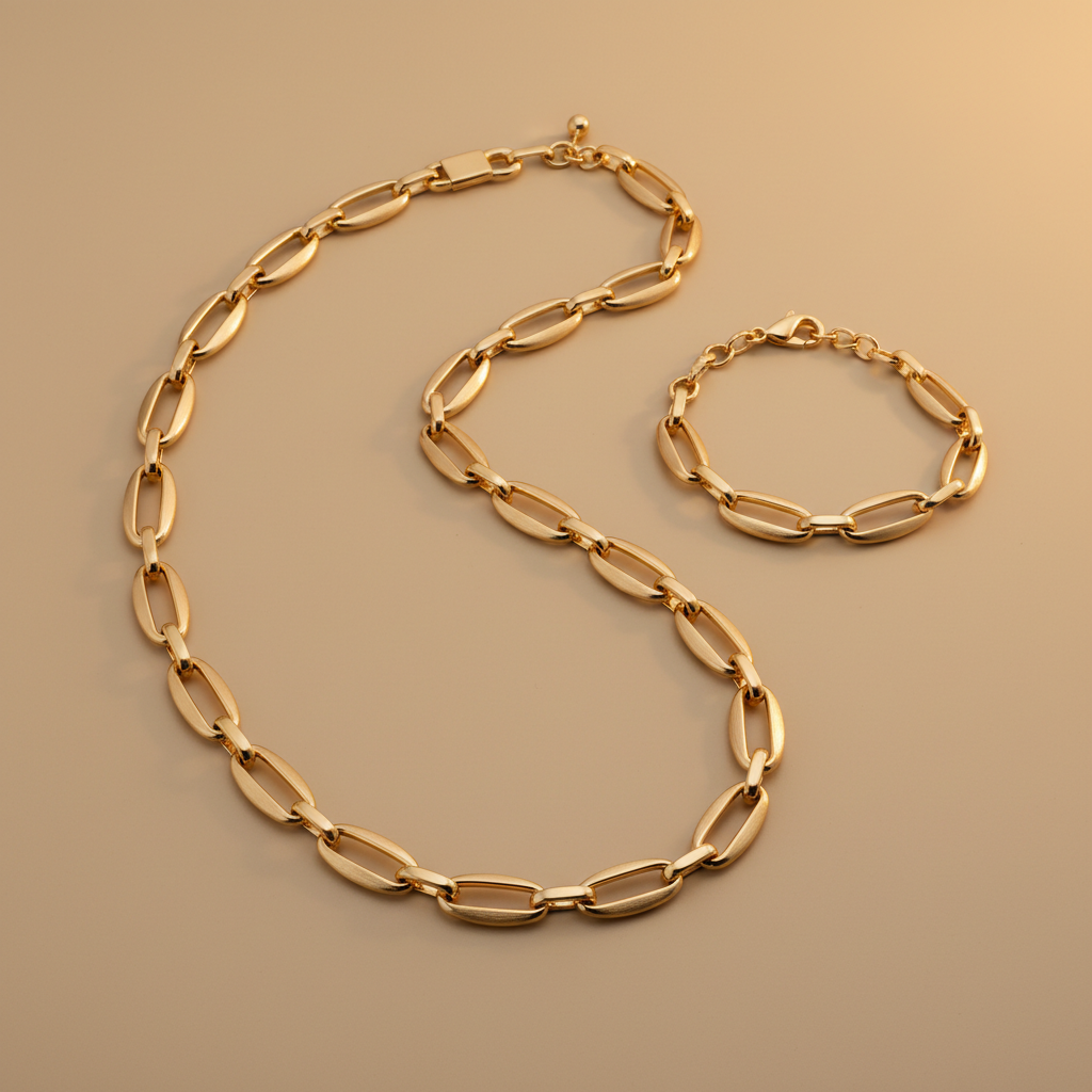 Bijoux Rose Doree — colliers et bracelets en acier 316L dorés, fond crème élégant