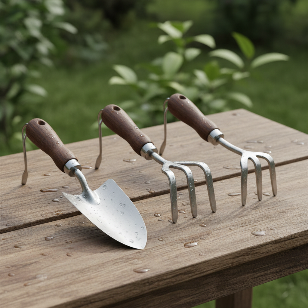 Three garden hoes with wooden handles arranged on rustic wooden surface, daylight