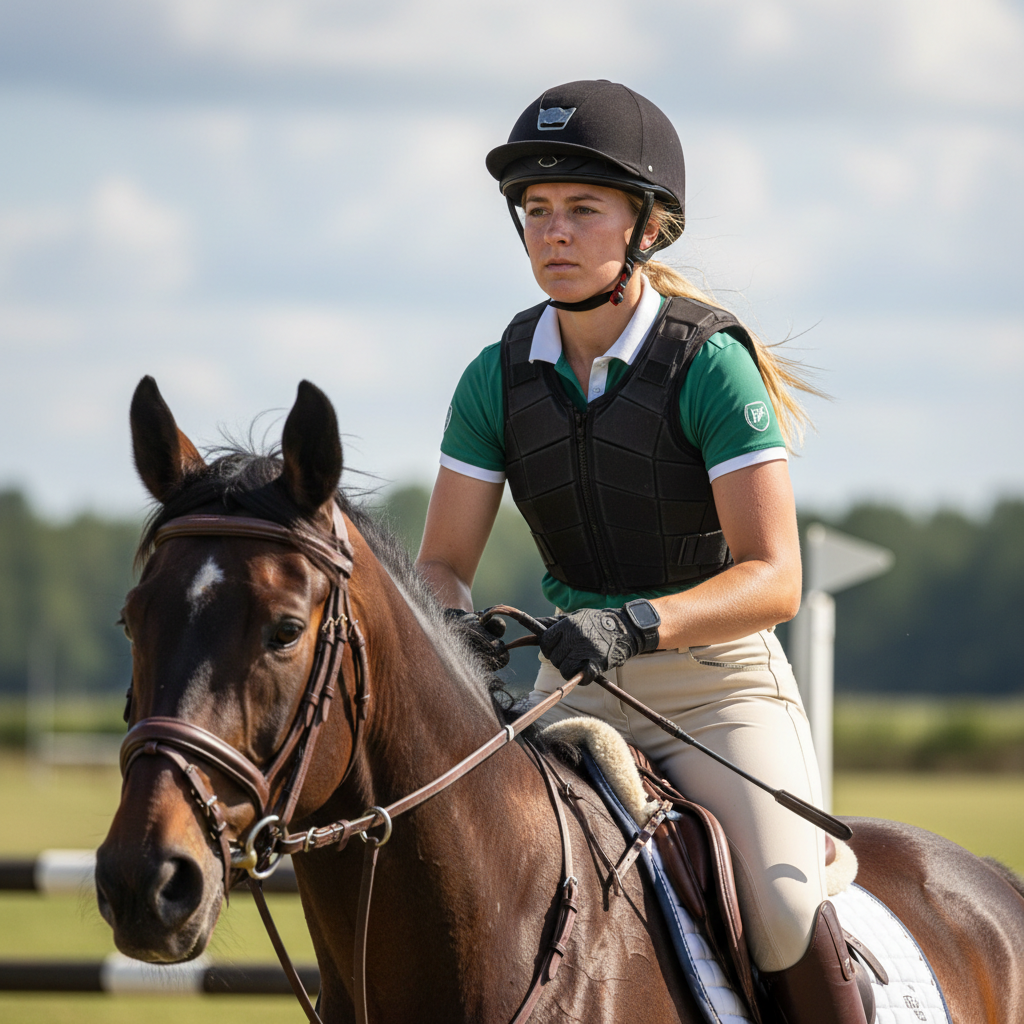 Polish woman with determined expression, outdoor portrait, experienced and focused rider demeanor