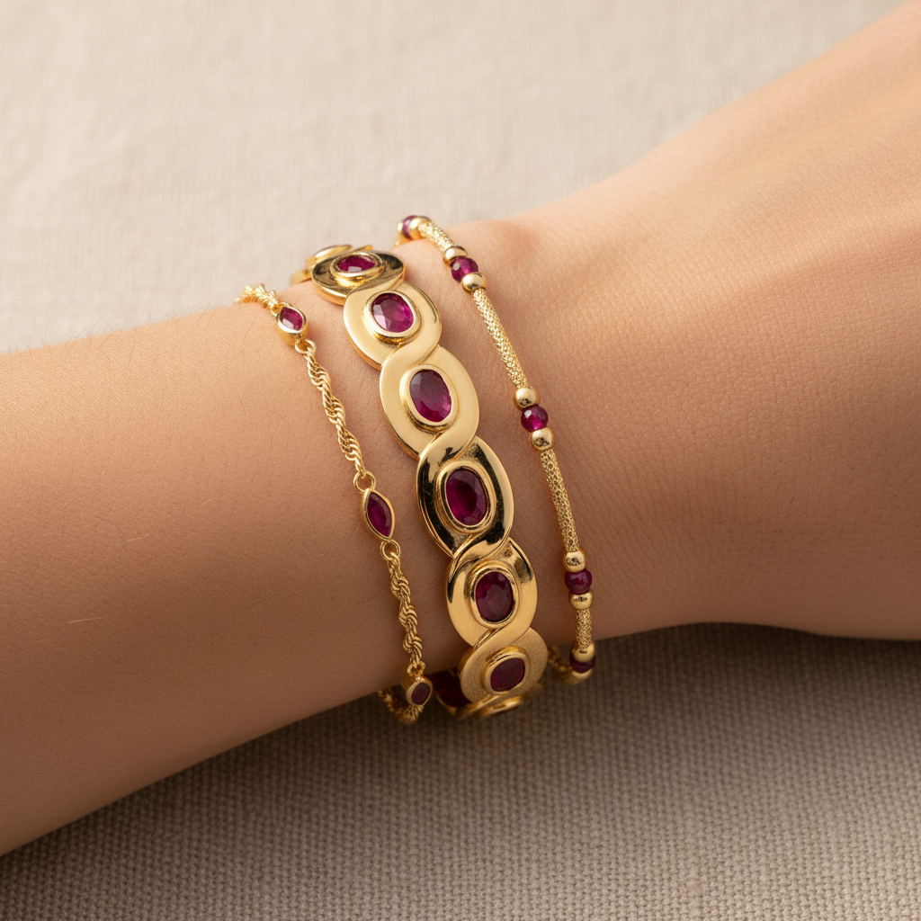 Set of three gold tone stacked bracelets with delicate chain and bead details warm studio lighting
