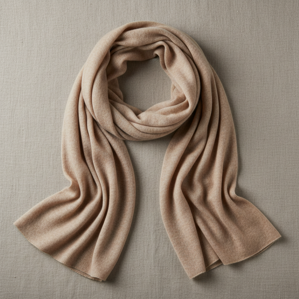 Soft cashmere wrap scarf in warm taupe and cream tones, folded artfully on neutral surface, texture detail