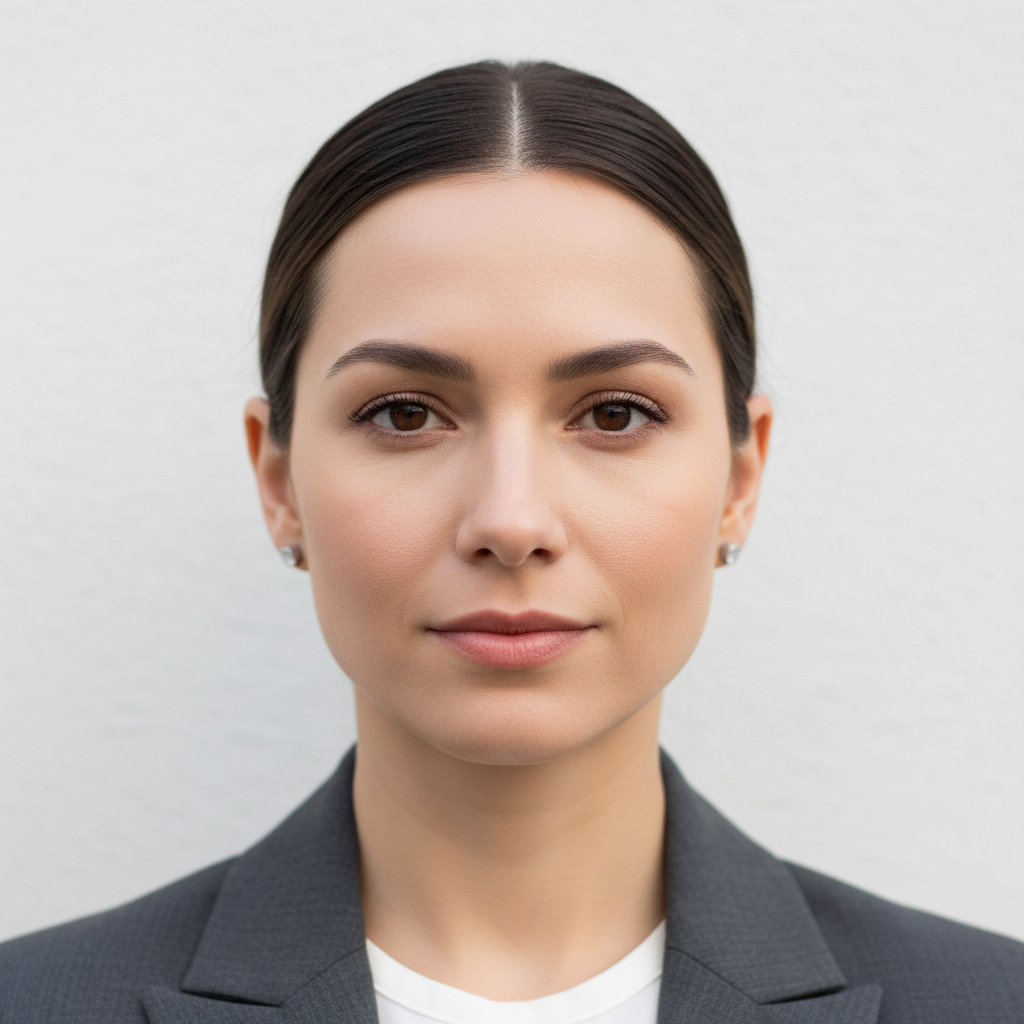 Professional woman with short hair in business casual attire against light background