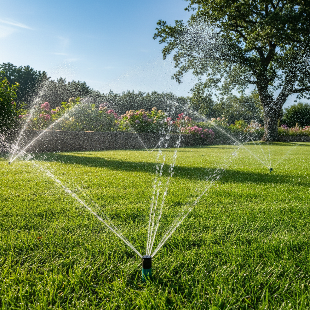 Garden irrigation sprinkler system installed in green lawn, bright outdoor garden environment
