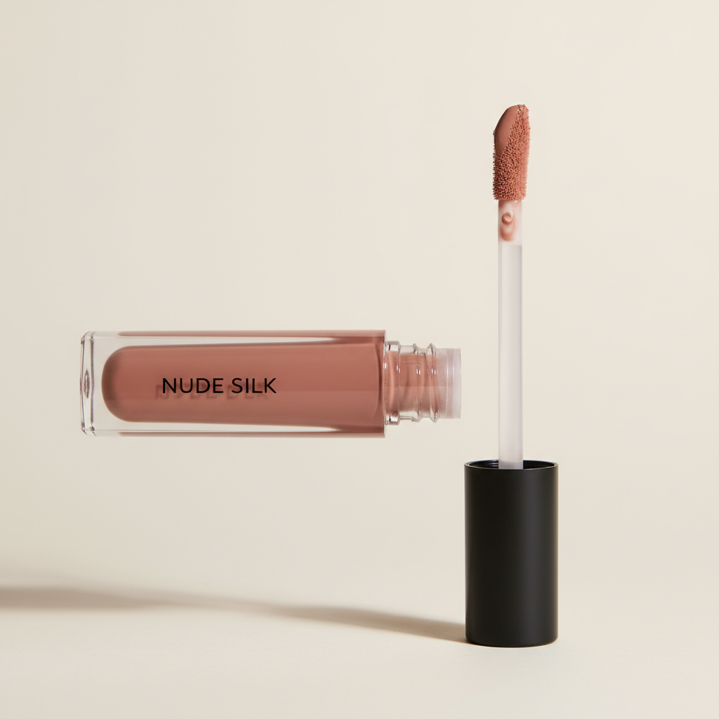 Swiss Beauty matte lipstick in nude pink shade standing upright on dark marble surface
