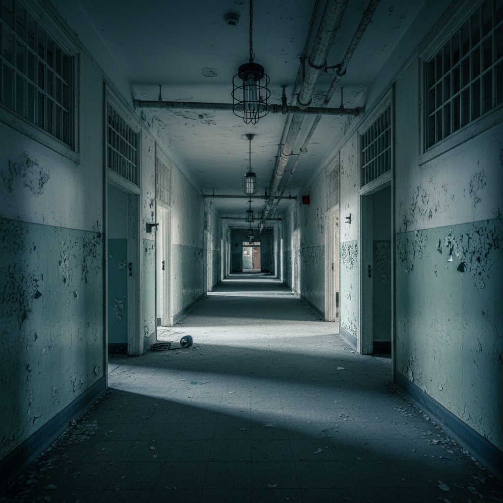 Dark abandoned corridor with peeling walls and dim light at end