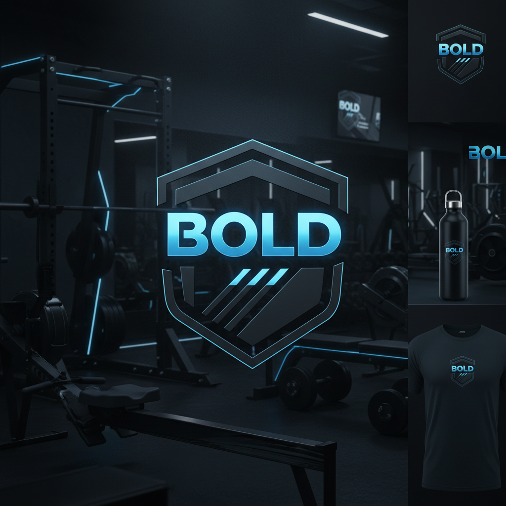 Bold fitness brand identity on dark gym equipment with electric blue accent lighting