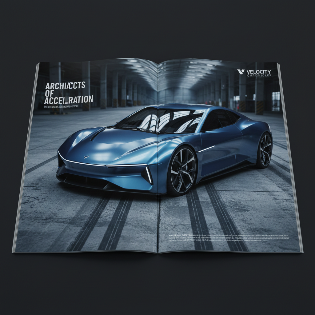 Automotive editorial magazine spread on concrete surface