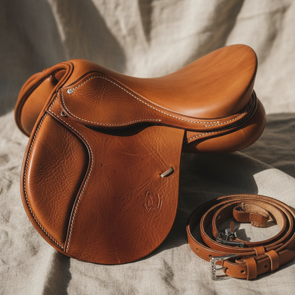 Close-up of hand-stitched leather pony saddle on natural linen, warm light revealing the texture of the pre-conditioned leather