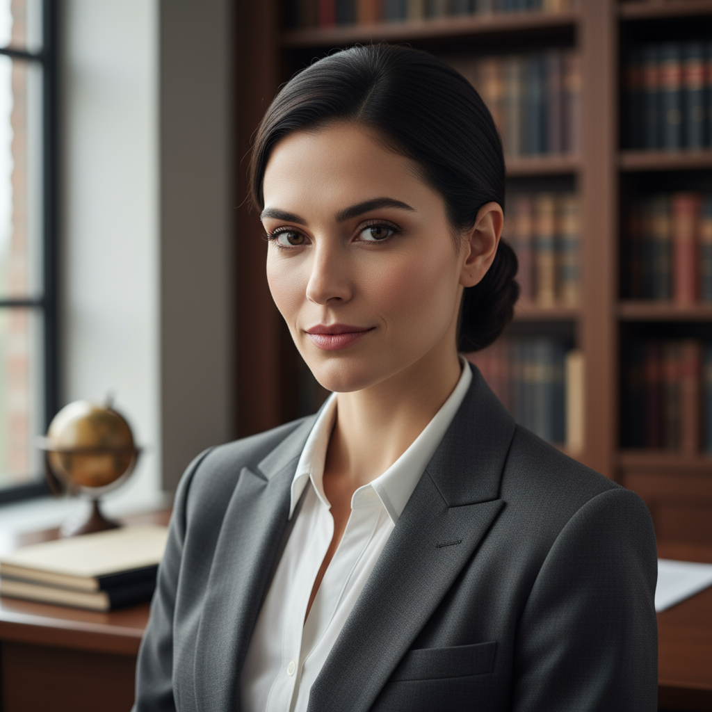 Professional female attorney in dark navy suit, confident direct gaze, neutral studio background, sharp professional headshot