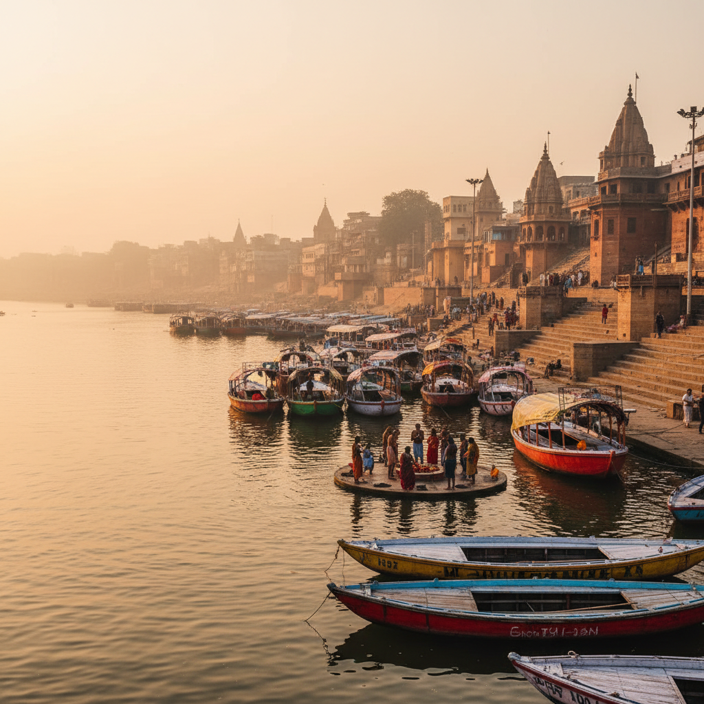 Varanasi ghats at sunrise with pilgrims bathing in the Ganges river