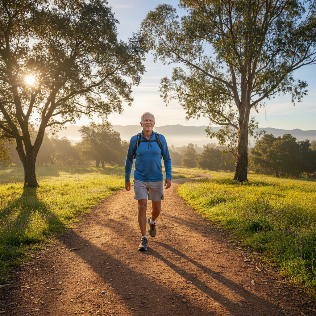 Older man walking outdoors in morning light, healthy and active