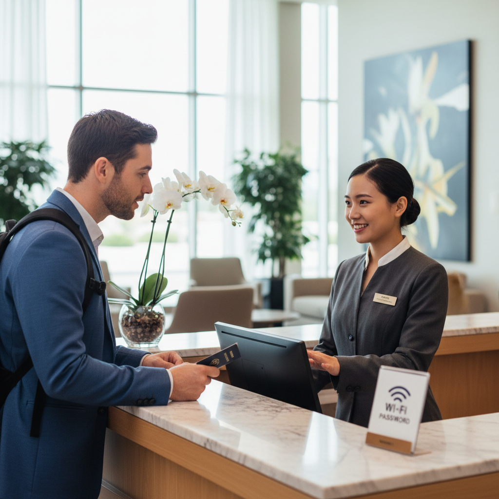 Hotel front desk staff member assisting guest with check-in process