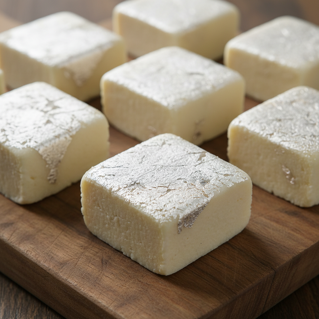 White diamond-shaped cashew burfi squares topped with edible silver foil, arranged on a dark wooden board