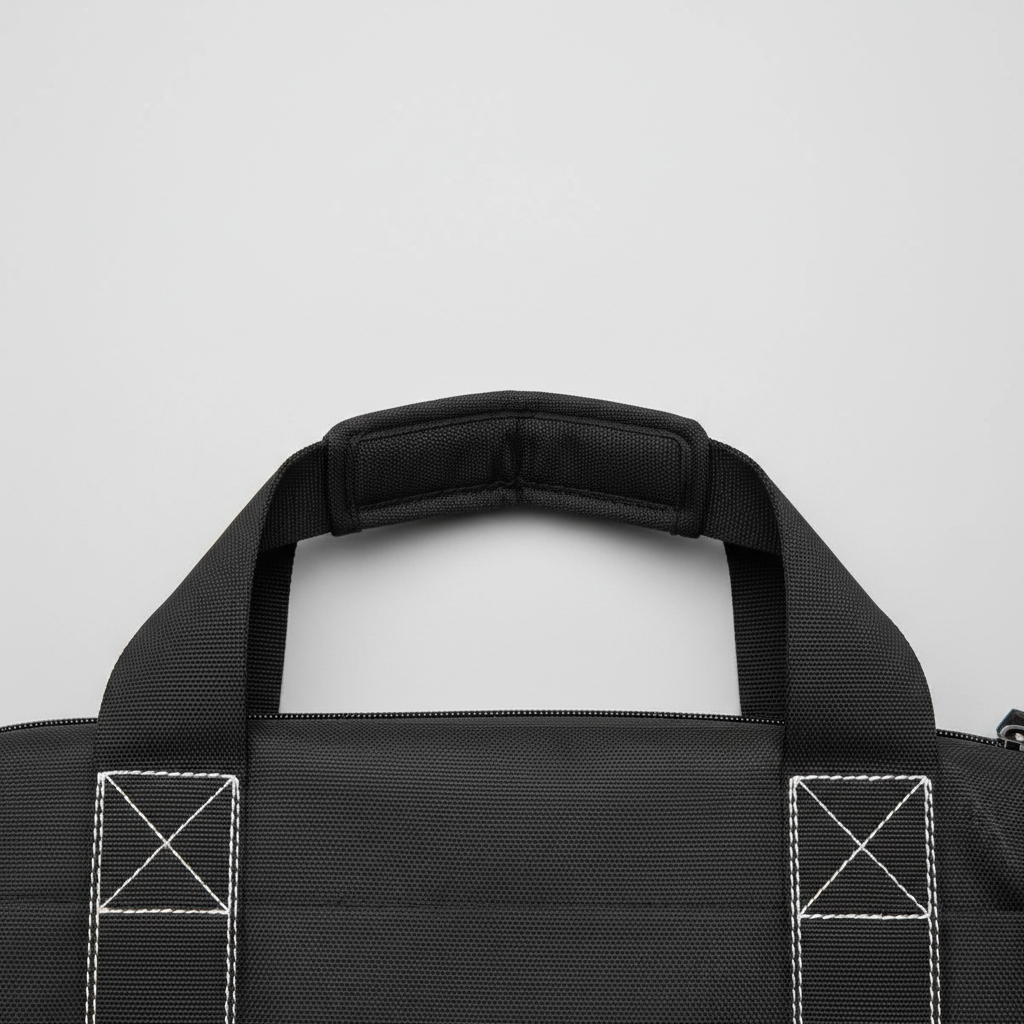 Top carry handle of gym bag in close detail, reinforced stitching at attachment points visible, single overhead light source
