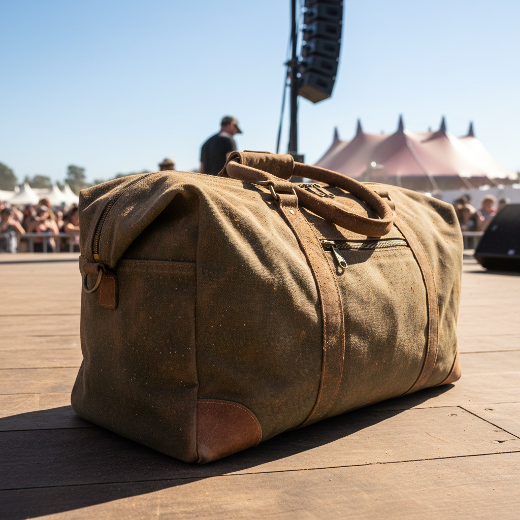 Canvas weekender bag covered in festival dust on a sunny outdoor stage