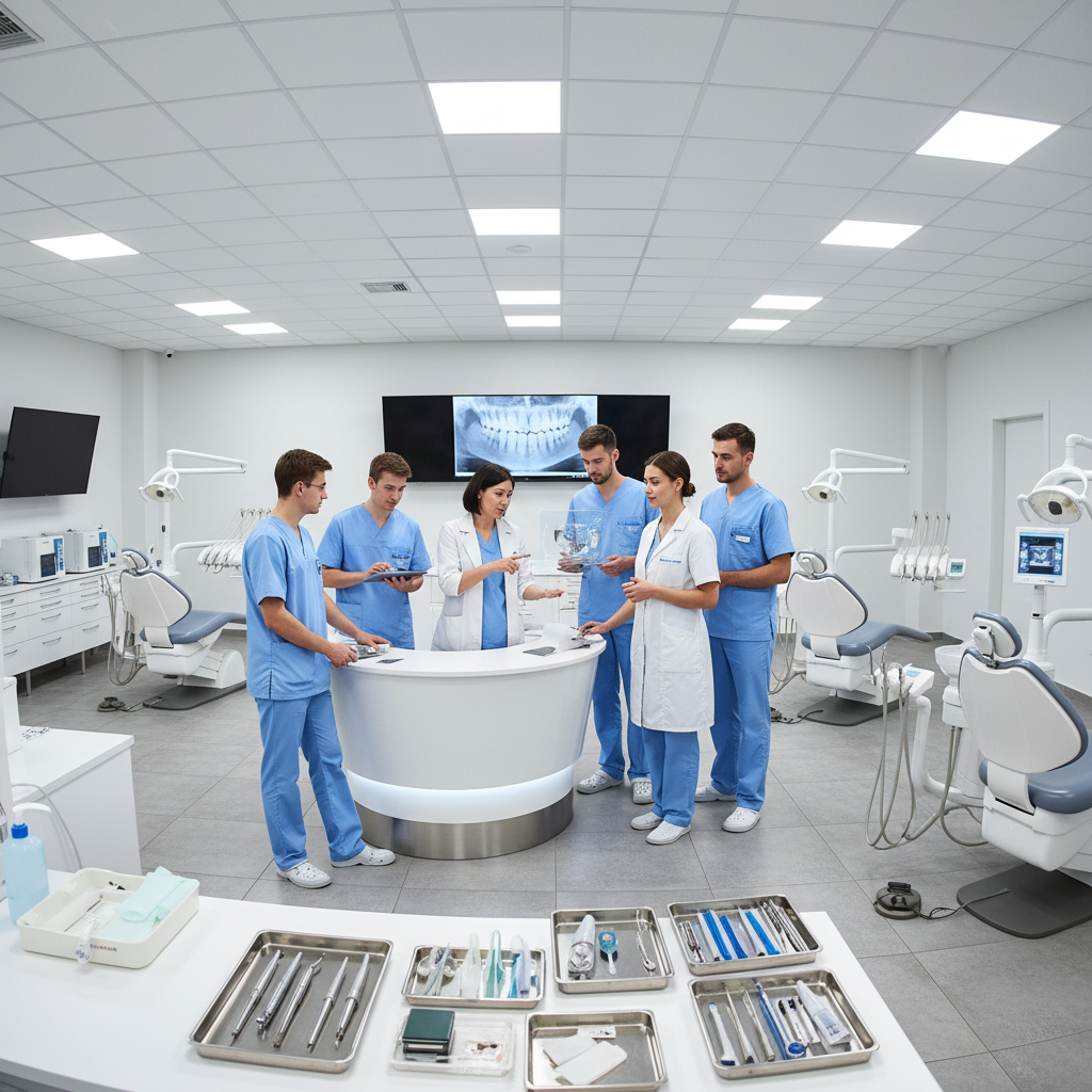 Dental team of professionals in a modern practice discussing patient care workflow