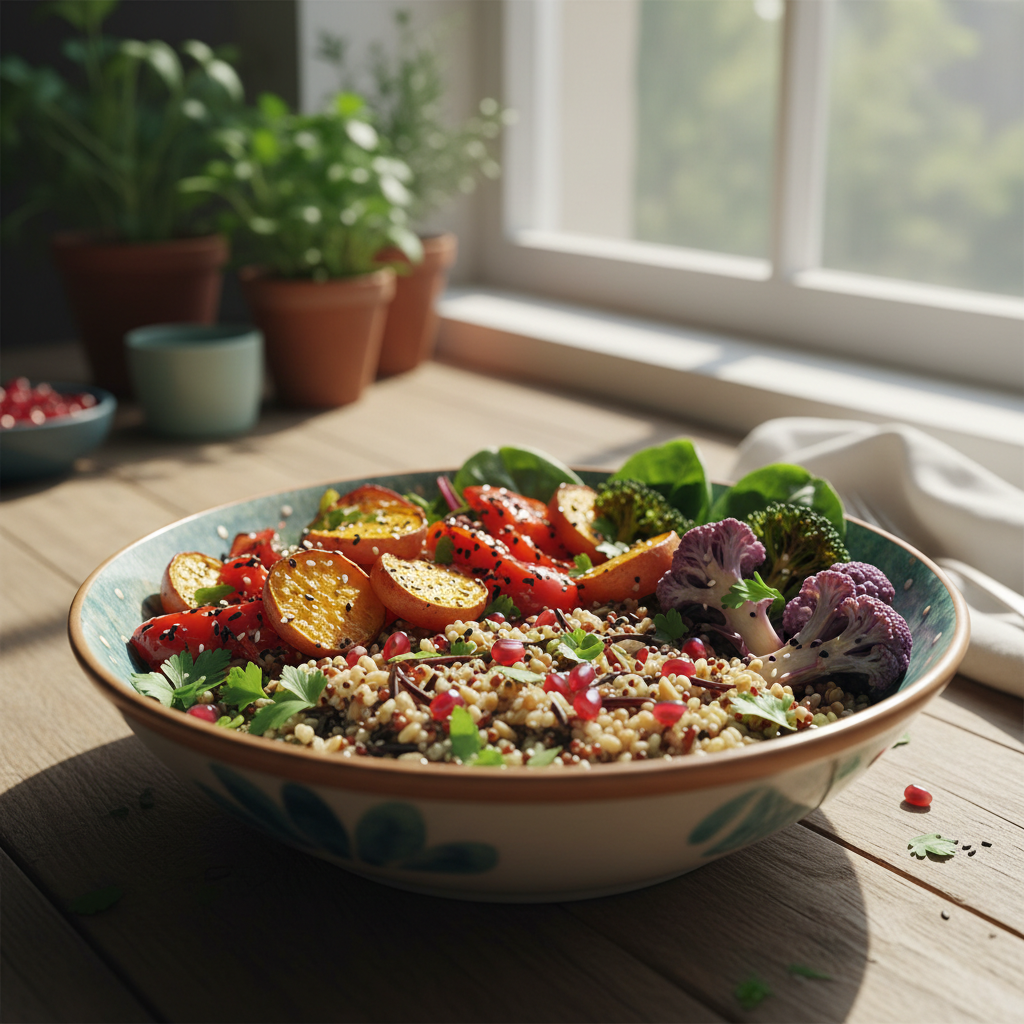 Bright overhead power grain bowl with farro, roasted vegetables, and soft-boiled egg on light surface