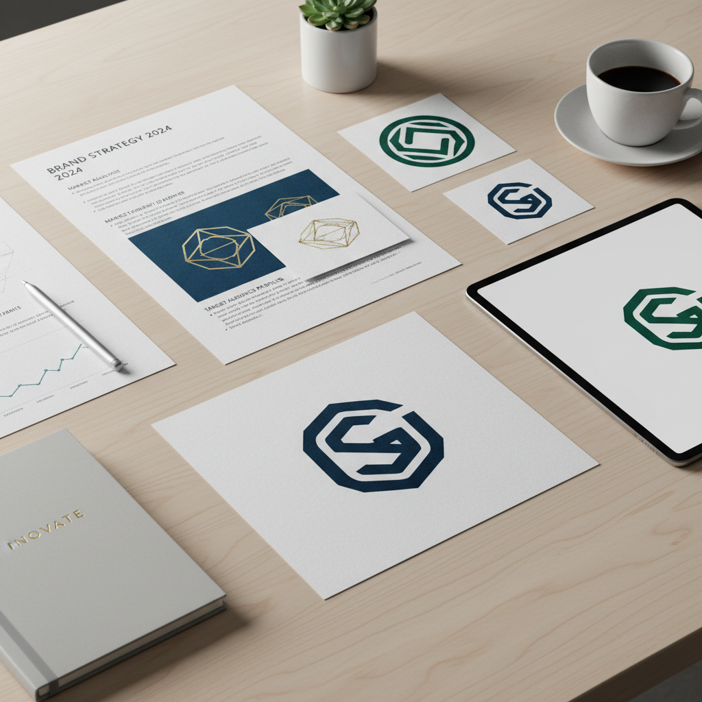 Professional branding materials spread on dark desk
