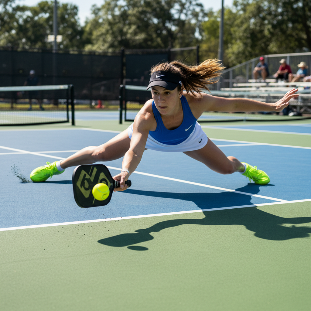 Pickleball singles match in progress, player lunging for a shot near the baseline