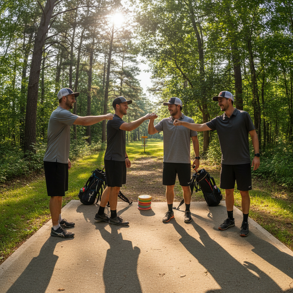 Athletes fist-bumping on a tee pad before tournament finals
