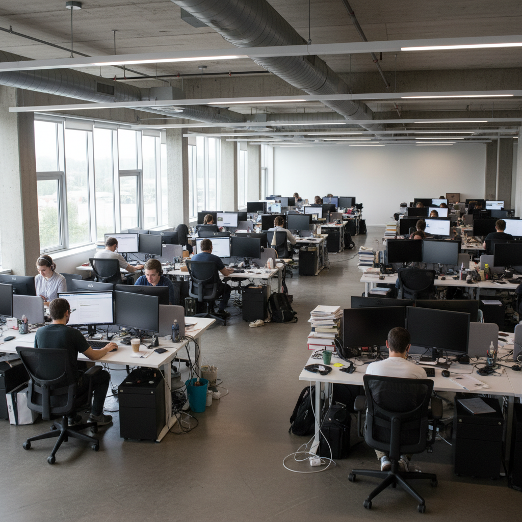 Open plan office with workers at improperly configured workstations, monitors at varying wrong heights and chairs not adjusted