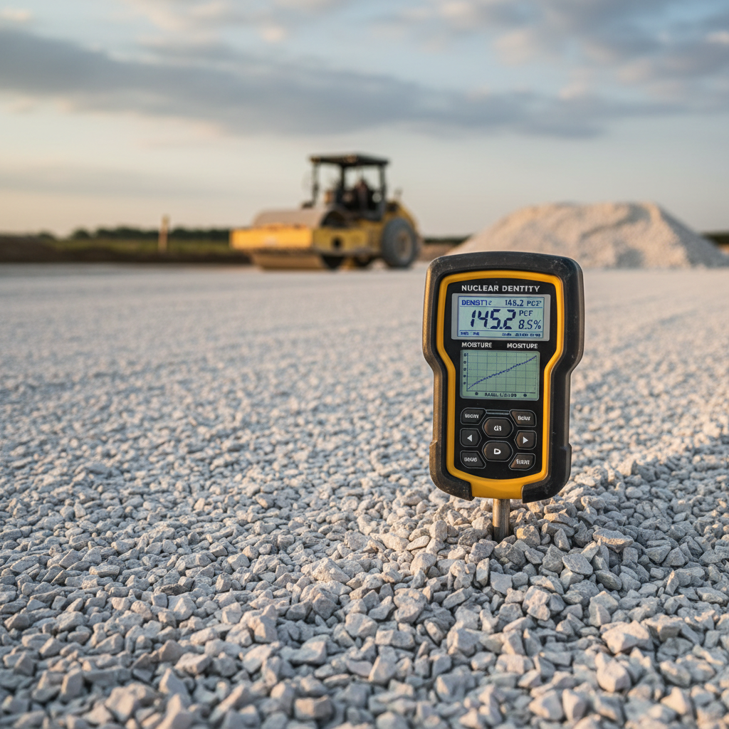 Nuclear density gauge reading on freshly compacted crushed limestone aggregate base