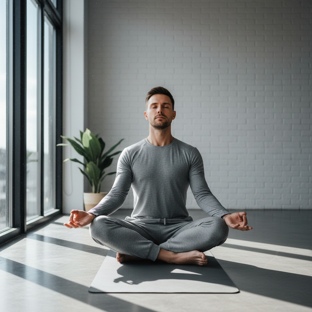 Athlete in focused meditation pose before training, bright calm studio environment