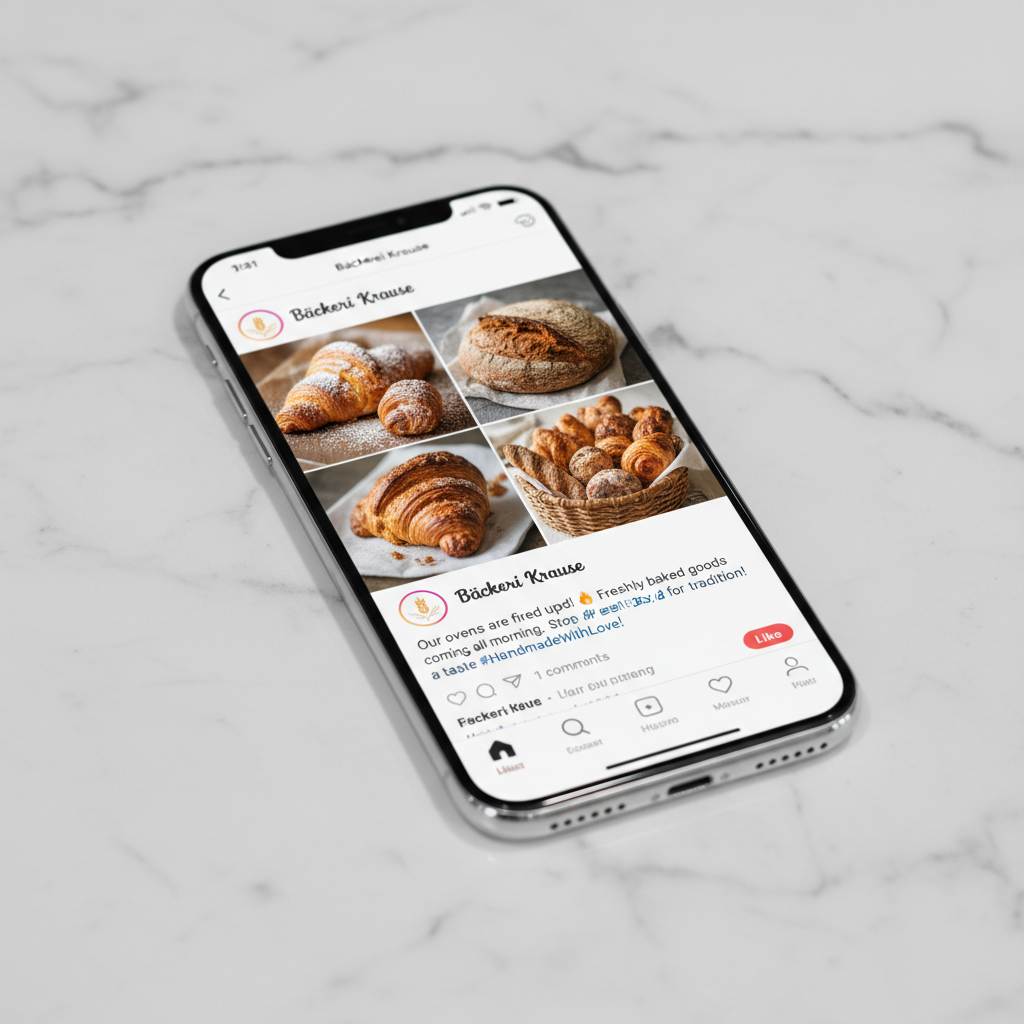 Bäckerei Krause jetzt auf Instagram, Smartphone mit Social-Media-Beitrag über frische Backwaren