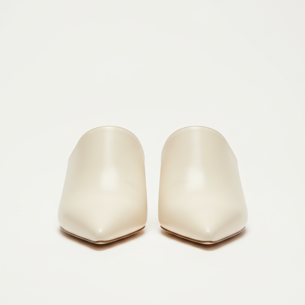 Elegant ivory mule sandal product photography on neutral background