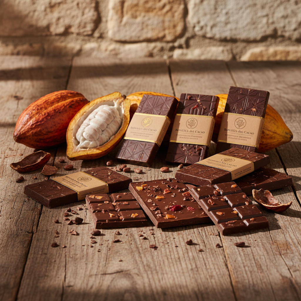 Artisan chocolate bars and cacao pods from award-winning Dominican chocolate maker