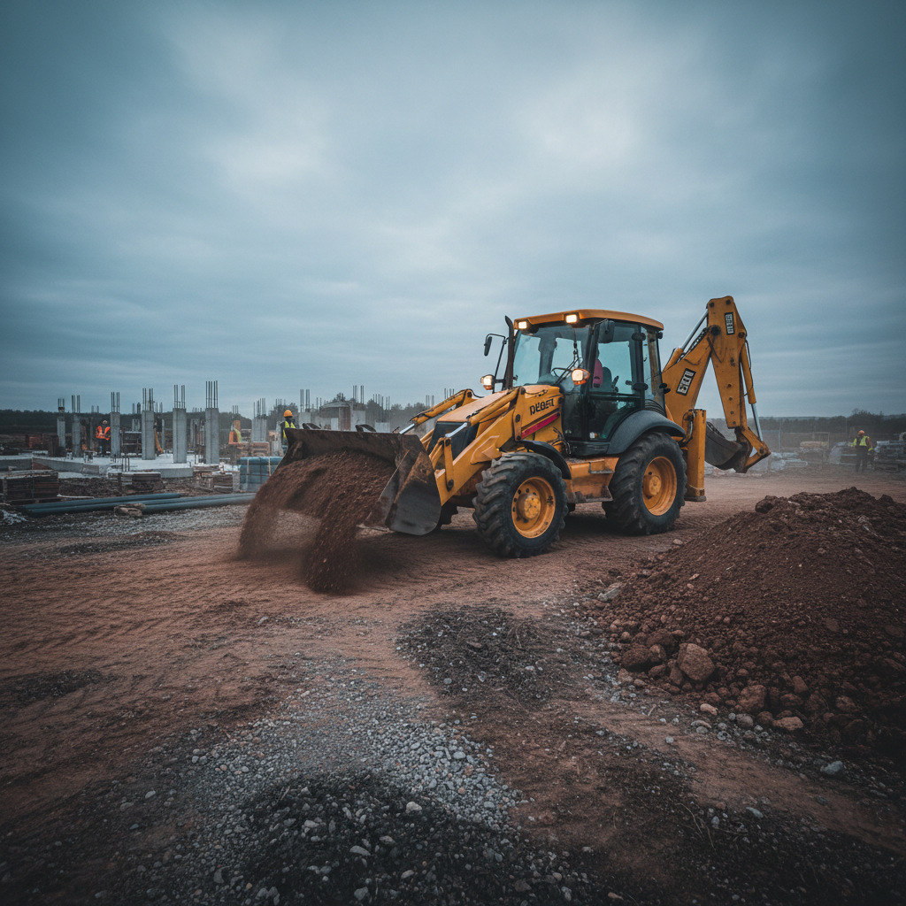 TLB tractor-loader-backhoe on earthworks construction site in Gauteng atmospheric low light environment