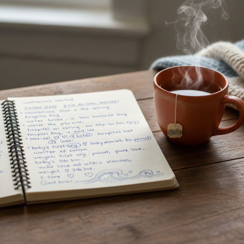 Open books and handwritten notes spread across a desk with a cup of tea nearby