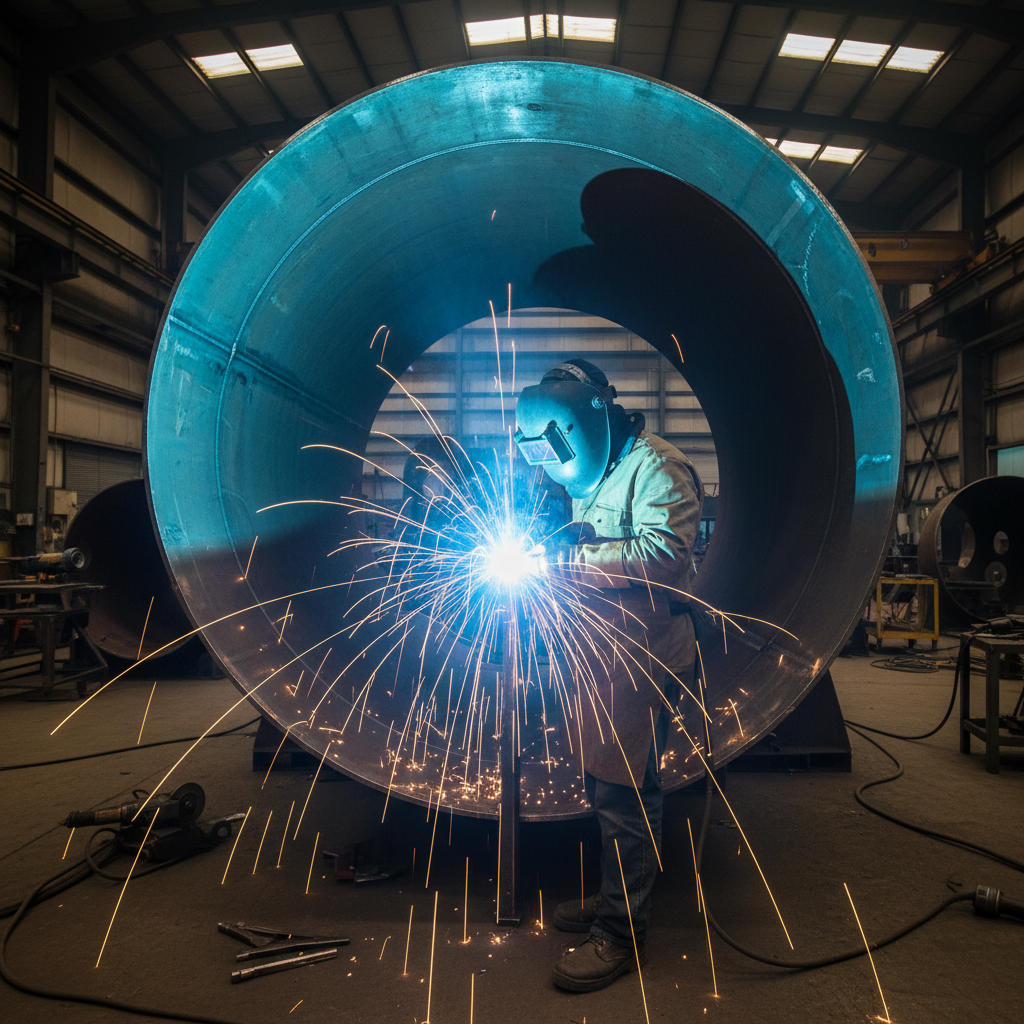Industrial welding sparks flying as a certified welder works on a large pressure vessel shell in a fabrication shop