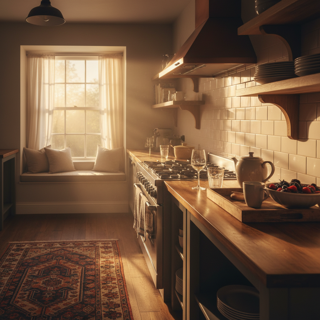 Warm kitchen light through a window at dusk