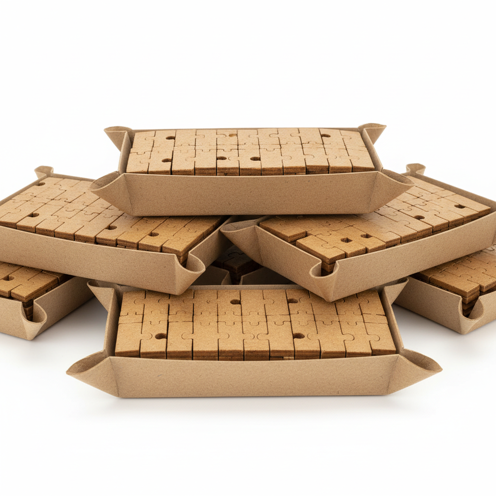 Bulk kraft paper trays stacked with wooden puzzle pieces organized in rows ready for wholesale shipping