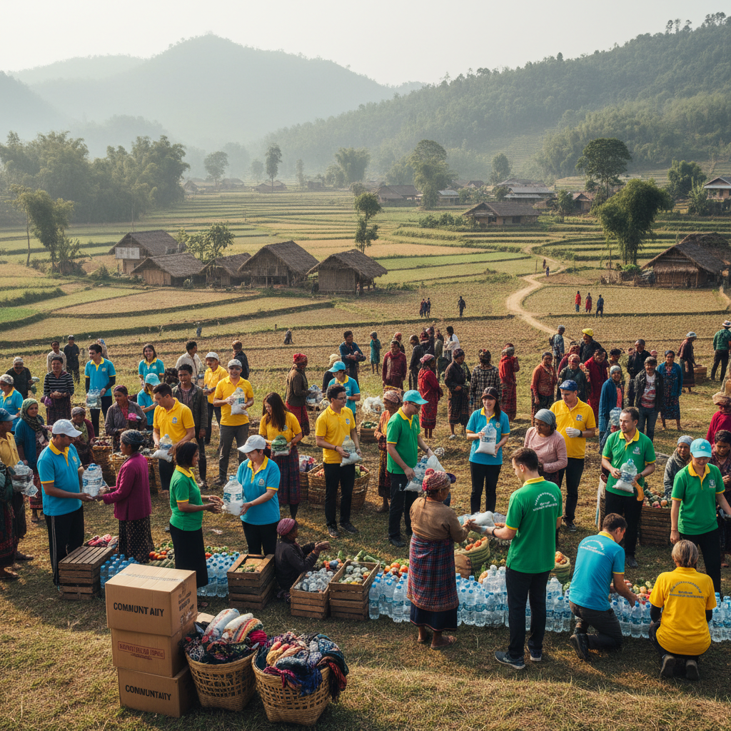 Student volunteers in community, smiling and helping residents, South African township, bright day