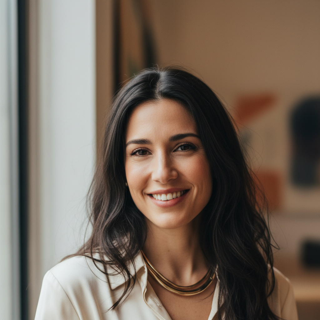 Portrait of Isabelle Fontaine, a French creative director with dark hair in a studio setting