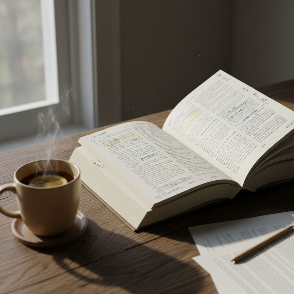 Open books with highlighted pages and sticky tabs on a desk