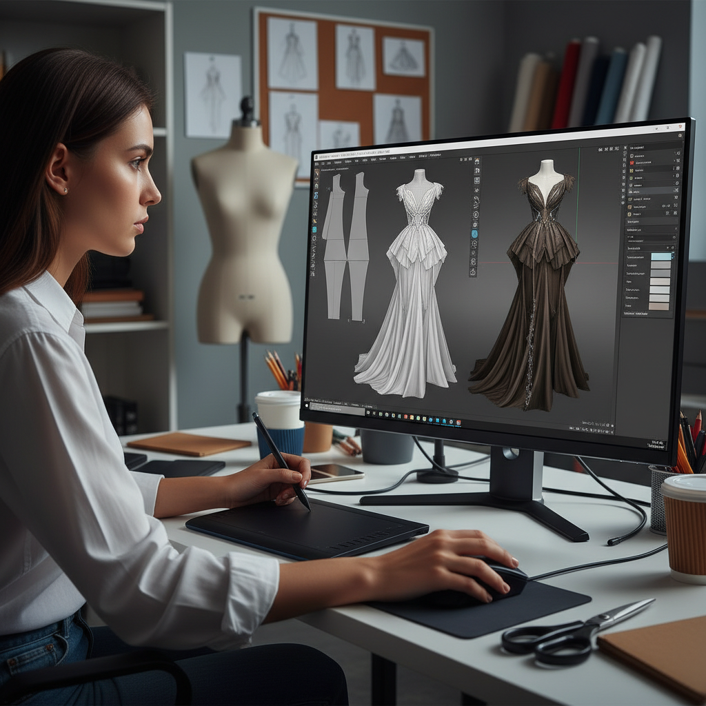 Fashion designer working on digital tablet with garment design software, clean modern studio, blue screen glow