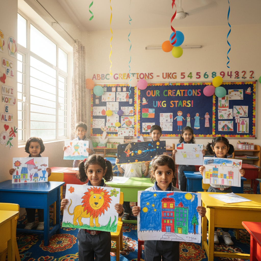 Indian children in UKG proudly presenting artwork and projects in a vibrant, well-decorated classroom