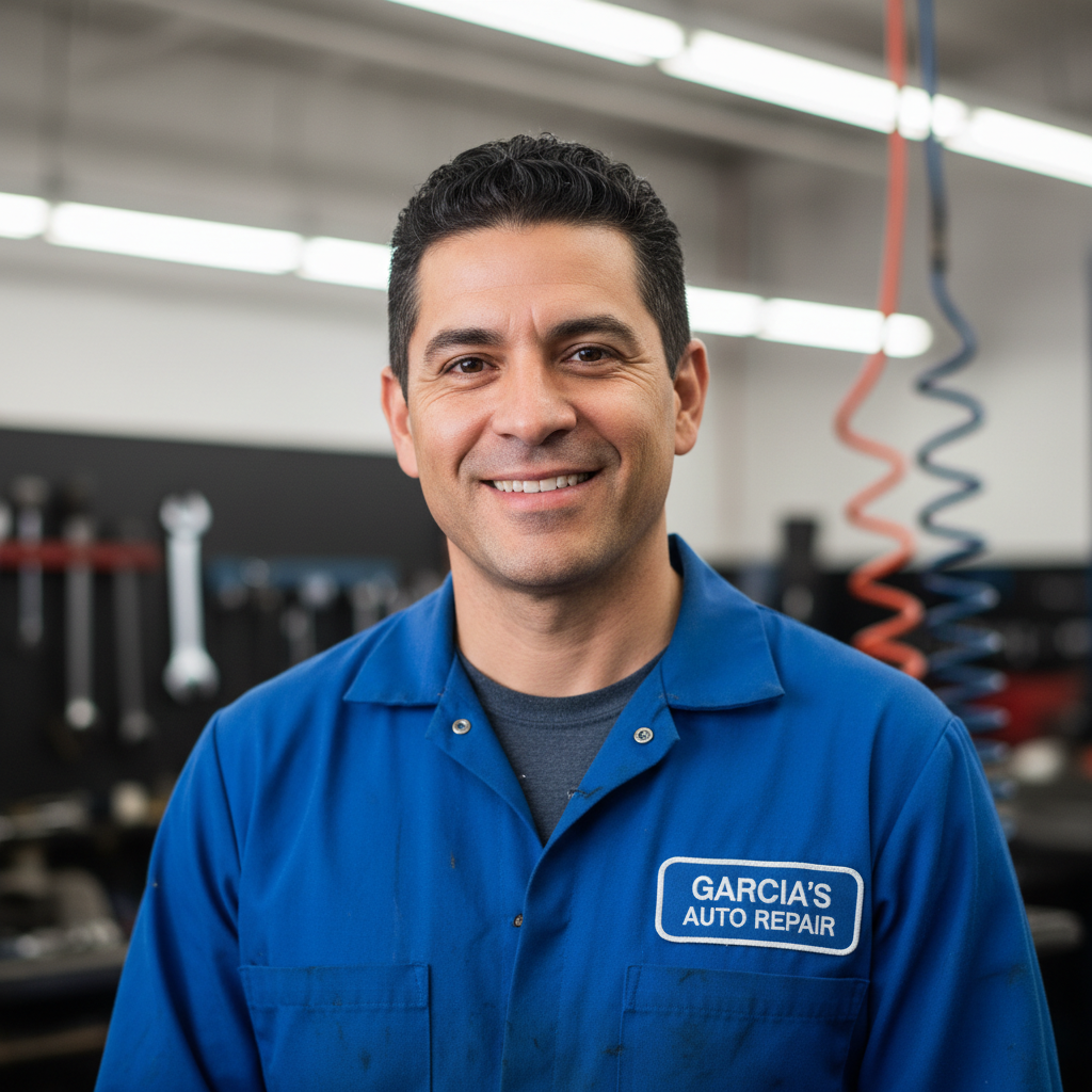 Hispanic mechanic in workshop, well-lit garage environment, professional attire