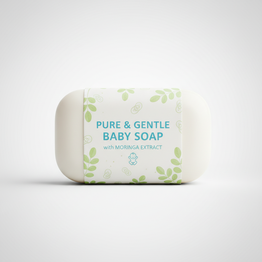 Green moringa herbal soap bar on a wooden soap dish