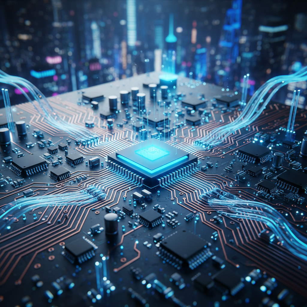 Close-up of circuit board with glowing blue LED lights, advanced technology and digital innovation platform