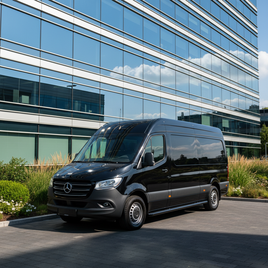 Luxury black Mercedes Sprinter van parked in front of modern corporate building with glass facade and professional landscaping