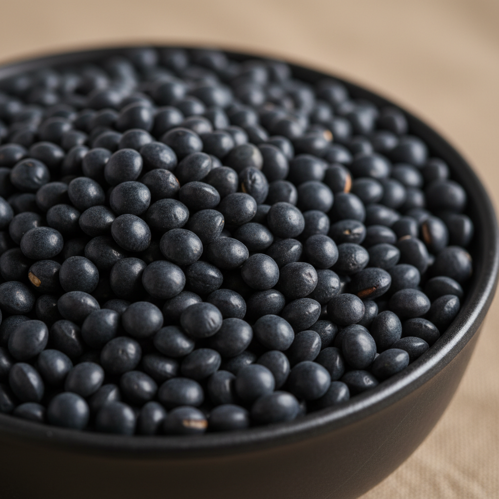 Dark black urad dal black gram lentils in pile, deep black color with matte texture