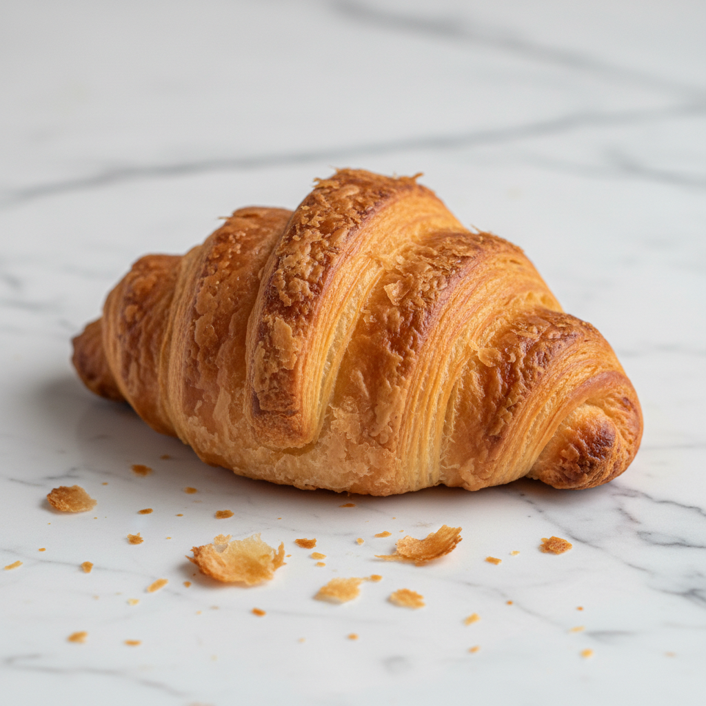 Golden classic butter croissant on white marble, flaky layers visible, bright bakery morning light